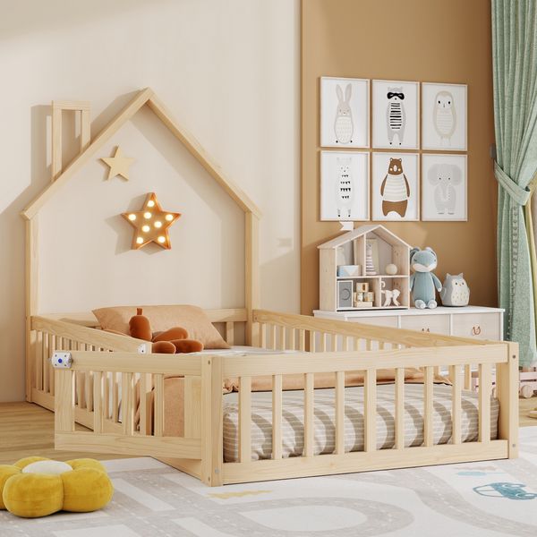 Kinderbett 90×200 cm mit Rundum-Rausfallschutz und Schornstein-Design, Natur, ohne Matratze