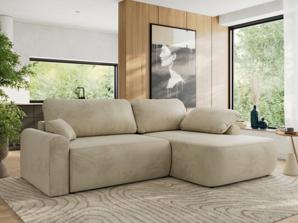 Ecksofa, L-förmiges, lose Kissen, DL-Schlaffunktion, (H 100 x T 187 x B 273 cm) - CUBO L - Velours Beige - rechte Seite