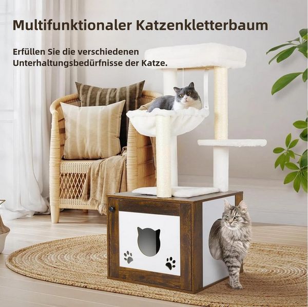 TLGREEN Kratzbaum mit Katzenkloschrank,3-in-1 Katzenmöbel, 119 cm Hoch Kratzbaum Holz,Waschbare Plüschkissen