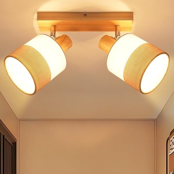 ZMH LED Deckenlampe 2 Flammig Deckenstrahler - Flurlampe Holz E14 Deckenleuchte Vintage Stoff Schwenkbar 350° Retro Deckenspot Spotlight MAX. 25W Schlafzimmer Küche, Ohne Leuchtmittel