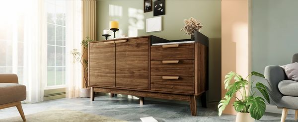 Sideboard 120x40x77 cm, Eiche dunkel mit Marmor-Optik Platte, 3 Schubladen & Doppeltürschrank, kehrroboterfähig,Eiche