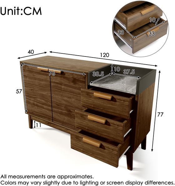 Sideboard 120x40x77 cm, Eiche dunkel mit Marmor-Optik Platte, 3 Schubladen & Doppeltürschrank, kehrroboterfähig,Eiche Bild 6