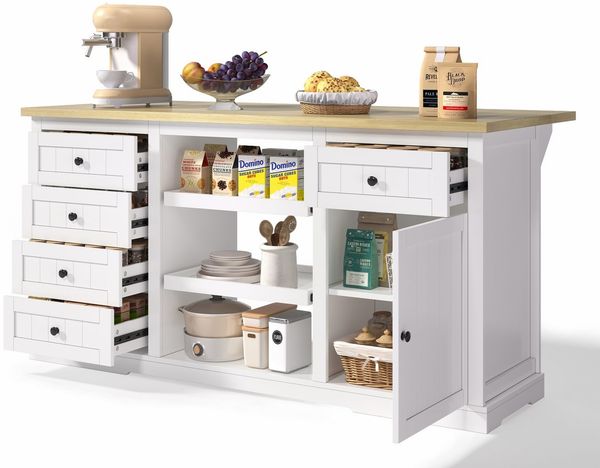 SeedWave Buffet Vielseitiges Sideboard mit Ladefunktion, 150cm Klappbare Tischplatte Küchen Schrank mit 2 Ausziehbare Tablette, 1,5m Stromkabel