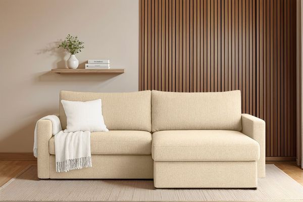 Ecksofa Sofa mit Schlaffunktion BENDIK Stoff Faro Creme Ottomane Rechts