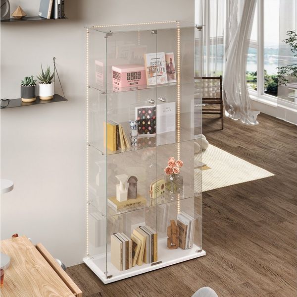 FUROKOY Glasvitrine Standvitrinen, Vitrine aus gehärtetem Glas (Vitrinenschrank mit 2 Glastür und Lichtleiste für Sammler, Bücher) 4 Lagen Sammlervitrine, Weiß