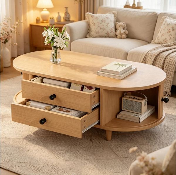 Merax Couchtisch Sofatisch oval Beistelltisch mit Massivholzbeinen (1-St), Wohnzimmertisch mit Rolltüren, 2 Schubladen & Stauraum, 100x50x36cm