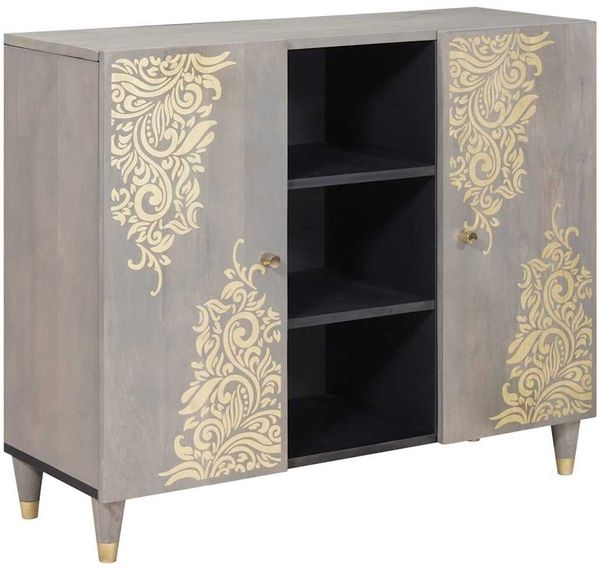 Sideboard, Kommode Grau und Gold 90 x 33 x 75 cm Massivholz Mango j1707p Bild 2