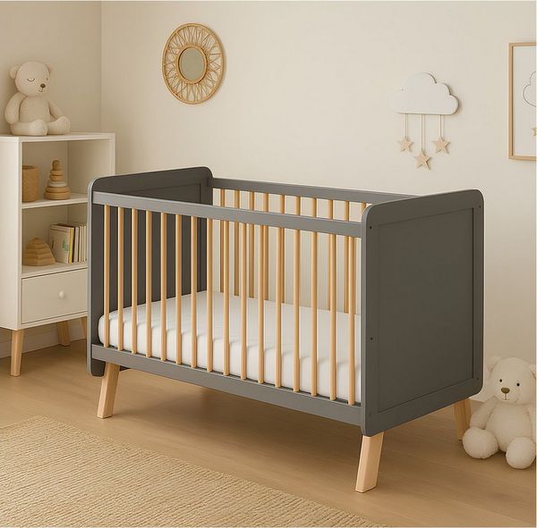 Baby-Delux Babybett Lou grau 60x120 Kiefernholz, Kinderbett 120x60 grau Kiefer Matratze
