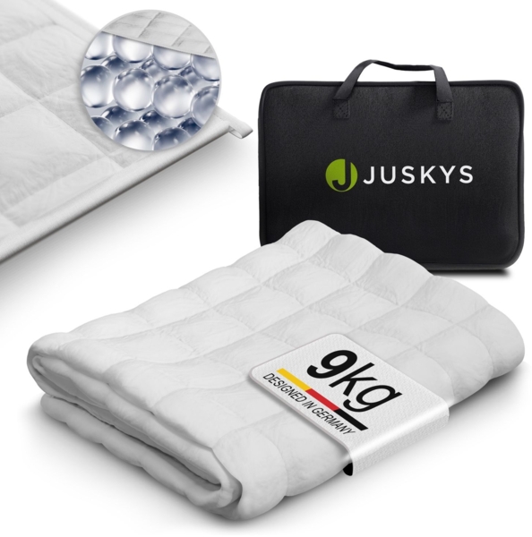Juskys Gewichtsdecke 135x200 – weiß, beschwerte Schlafdecke mit Glasperlen, Baumwolle & Mikrofaser, entspannend & schlaffördernd bei Unruhe – 9 kg