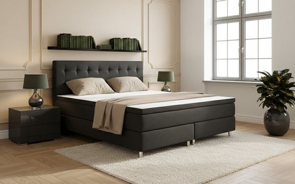 M-Punkt24 Boxspringbett Boxspringbett MONZA 180x200 cm (Grau / Anthrazit, mit 7 Zonen Taschenfederkern-Matratze, inkl. Topper), SOFORT LIEFERBAR