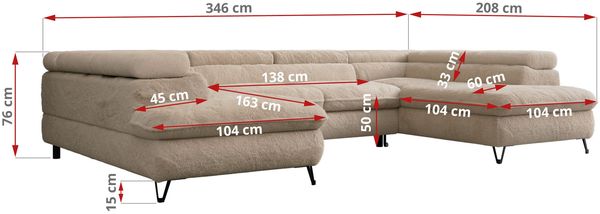 Ecksofa U-Form, mit Bettkasten, Bettfunktion und Einstellbare Kopfstützen, Sofa big XXL - PETER U - Beige Plüsch Bild 8