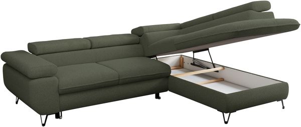 Mks Möbel 'Peter L-form' Ecksofa mit Bettfunktion, Bettkasten & einstellbaren Kopfstützen, Grün, Boucle, mit Topper, rechts Bild 5