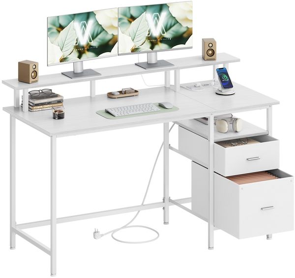 VASAGLE Schreibtisch mit Stoff-Schubladen, Computertisch mit Monitorständer, Bürotisch, 2 AC-Steckdosen, 2 USB-A-Anschlüsse, für Homeoffice, 140x60 cm, ahornweiß LWD094W01V1