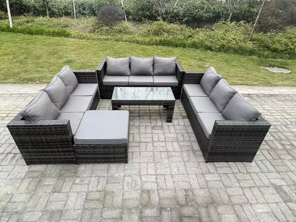 Fimous Rattan Garten Möbel Lounge Sofa Set im Freien mit länglichem rechteckigem Couchtisch Großer Fußhocker