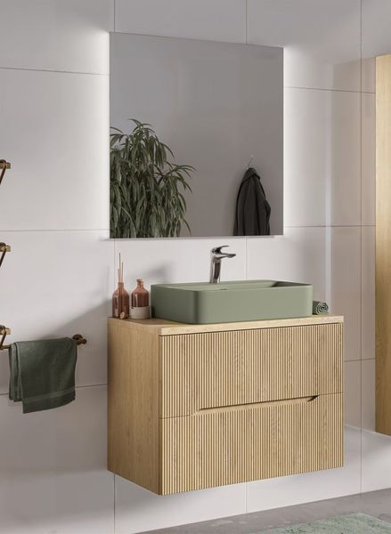 Badmöbel Set 3-tlg Badezimmerset AVOLI Cremona Eiche Spiegel 80cm inkl. Waschtisch