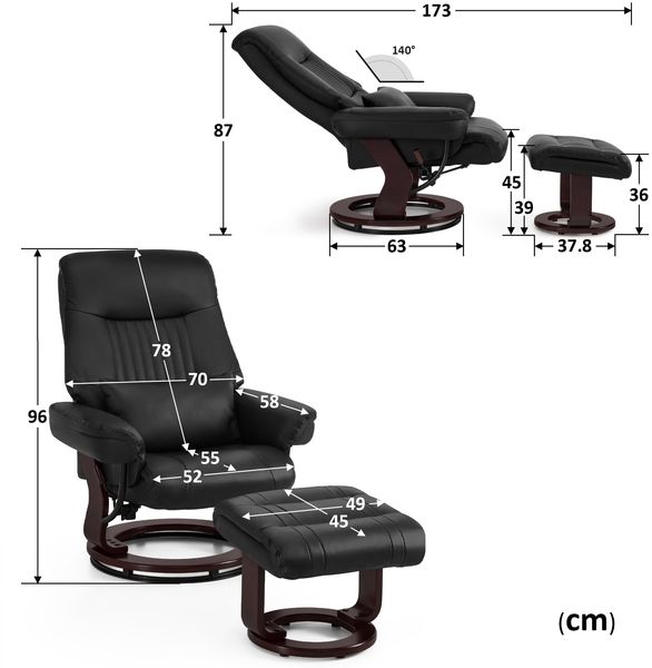 M MCombo Relaxsessel mit Liegefunktion, Lesesessel, 360° Drehbarer Fernsehsessel mit Hocker, mit Kissen & Seitentasche, 9035 (Schwarz) Bild 3