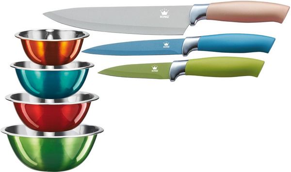 KING Allzweckmesser Metallic, 7tlg, 3 Messer, 4 Schüsseln aus Edelstahl
