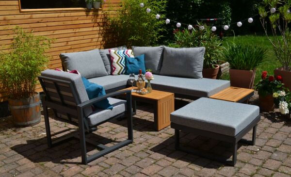 Ecklounge Olympia + 1 Lounge Sessel + 1 Hocker Polster hellgrau / mittelgrau