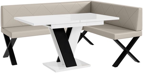 MEBLINI Eckbank für Esszimmer mit ausziehbarem Tisch - Küchenbank - Essecke - Sitzecke Küche - ERIC - X-Beine 128x168x87cm Rechts - Beige Kunstleder/M Weiß-Schwarz Hochgl.