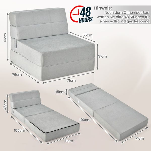 3 in 1 Klappbares Schlafsofa mit Waschbarem Bezug Extra Dick Schaumstoff (15cm) Grau
