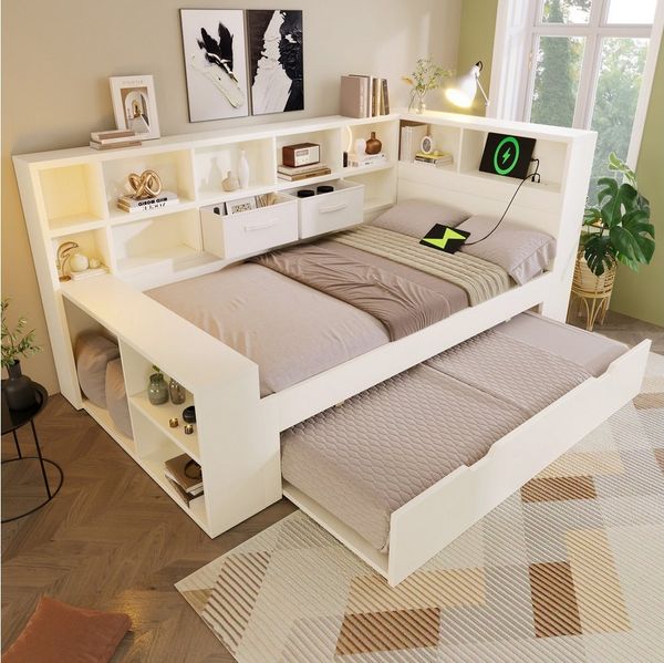 OKWISH Stauraumbett Bett 90x190 cm mit Ausziehbett, Stauraum und USB-/Type-C-Anschlüssen (Holzbett, Funktionsbett, 1-tlg, Großzügiger Stauraum, hochwertigen Platten), Platzsparendes Doppel- & Jugendbett
