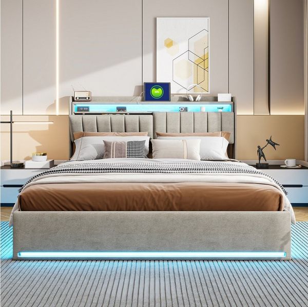 Furnishings Home Polsterbett 140 × 200 cm gepolstertes Doppelbett mit LED-Beleuchtung (1 USB + 1 TYPE-C), (Hydraulisch hebbarer Stauraum) Beige Samt