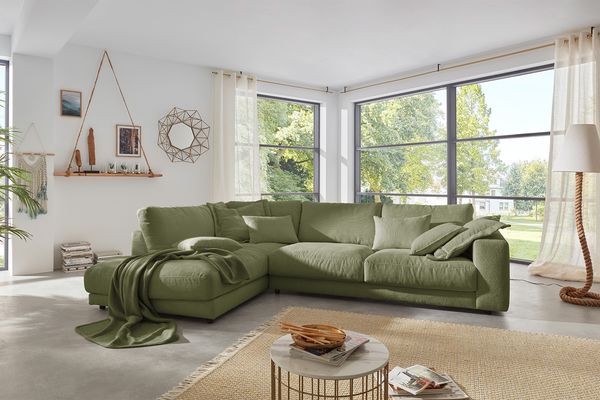 KAWOLA Sofa MADELINE Ecksofa Cord olivgrün Recamiere links 86 x 224 x 325 cm