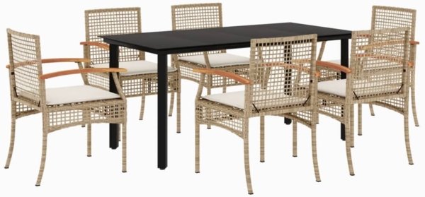 vidaXL 7-tlg. Garten-Essgruppe mit Kissen Beige Poly Rattan 3213635