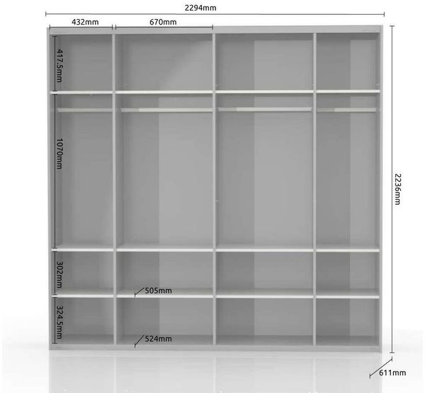 Home affaire Schwebetürenschrank Gala, wahlweise mit oder ohne Spiegel, 230x65x224cm, FSC-zertifiziert (mit 12 Einlegeböden und 4 Kleiderstangen) UV lackiert, kratzfest, hochglänzend, Soft-Close Funktion
