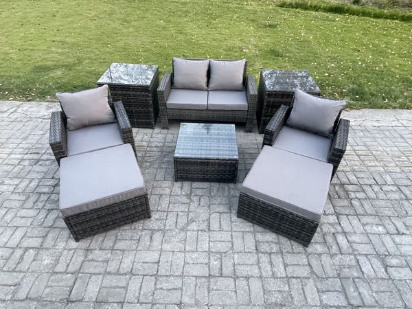 Fimous Rattan Gartenmöbel 6-Sitzer Sitzgruppe mit Quadratisch Couchtisch Stuhl 2-Sitzer Sofa 2 Großer Fußhocker 2 Beistelltische