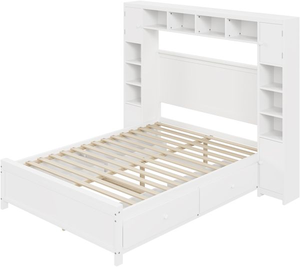 Bettgestell aus Massivholz mit 4 Schubladen & Stauraumschrank, 140x200 cm, Weiß, ohne Matratze Bild 8