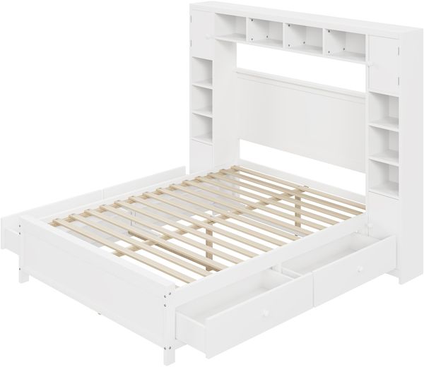 Bettgestell aus Massivholz mit 4 Schubladen & Stauraumschrank, 140x200 cm, Weiß, ohne Matratze Bild 9