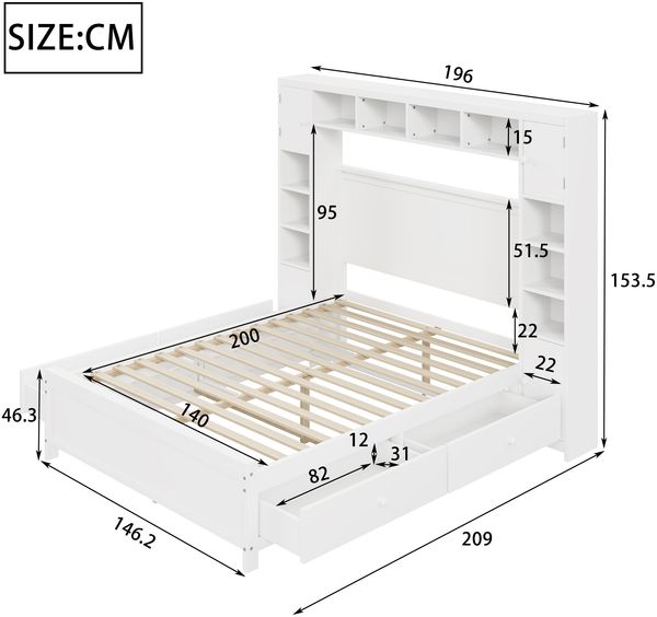 Bettgestell aus Massivholz mit 4 Schubladen & Stauraumschrank, 140x200 cm, Weiß, ohne Matratze Bild 10