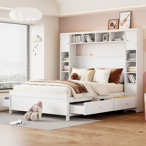 Bettgestell aus Massivholz mit 4 Schubladen & Stauraumschrank, 140x200 cm, Weiß, ohne Matratze