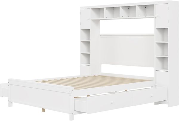 Bettgestell aus Massivholz mit 4 Schubladen & Stauraumschrank, 140x200 cm, Weiß, ohne Matratze Bild 7