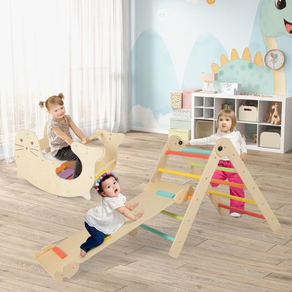 7 in 1 Klettergerüst Kletterdreieck mit Rutsche Kletterdreieck für Kinder ab 3 Jahren Bunt