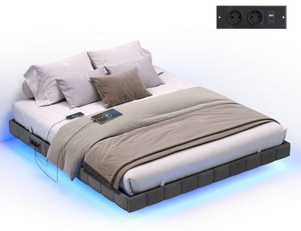 VASAGLE Bettrahmen 180 x 200 cm, mit LED-Beleuchtung, Bettgestell, schwebender Effekt, Steckdosenleiste, grau