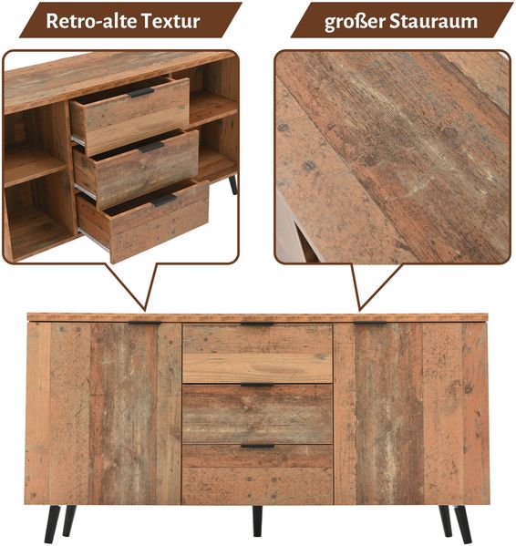 Sideboard, 140x35x70 cm, Vintage-Sideboard in antikbraun, mit 3 Schubladen & verstellbaren Regalen Bild 6