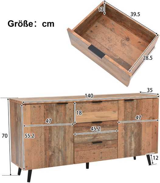 Sideboard, 140x35x70 cm, Vintage-Sideboard in antikbraun, mit 3 Schubladen & verstellbaren Regalen Bild 10