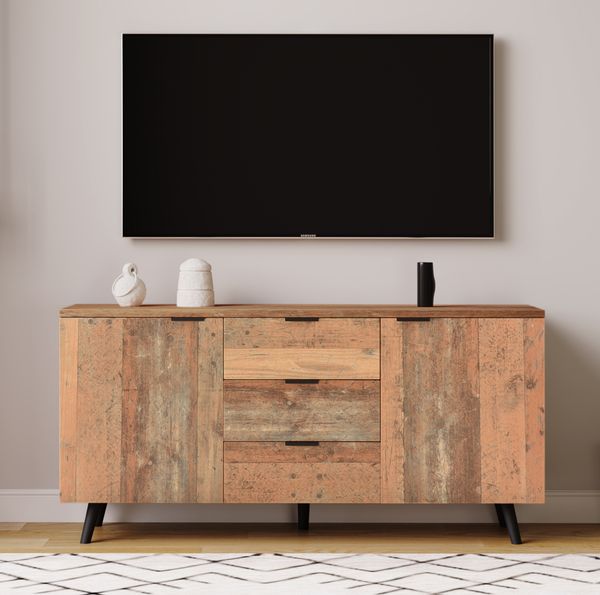 Sideboard, 140x35x70 cm, Vintage-Sideboard in antikbraun, mit 3 Schubladen & verstellbaren Regalen