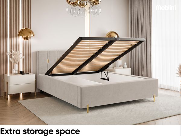 MEBLINI Polsterbett 140x200 mit Lattenrost mit Matratze – FABIO – Beige Samt – Doppelbett mit Bettkasten - Stauraumbett - Kopfteil Bett mit Stauraum Bild 6