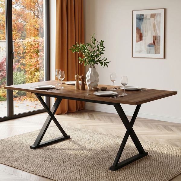 Esstisch, 180 cm lang x 90 cm breit x 75 cm hoch, moderner Stil, robust und langlebig, Metallbeine, bietet Platz für 6-8 Personen, schlichter moderner Stil, Walnussholzfarbe + Schwarz,