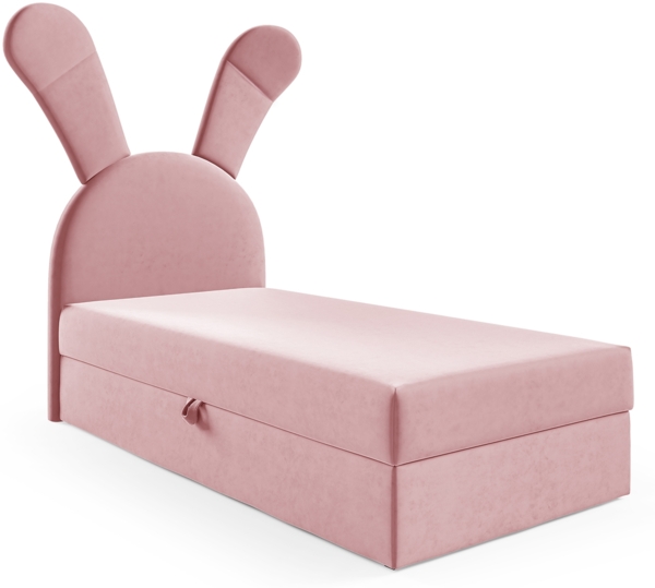 MEBLINI Kinderbett mit Bettkasten KANINCHEN 100x200 Links – H3/Rosa Samt Gepolstert Einzelbett mit Matratze - Polsterbett mit Stauraum - Bett mit Kopfteil – Stauraumbett