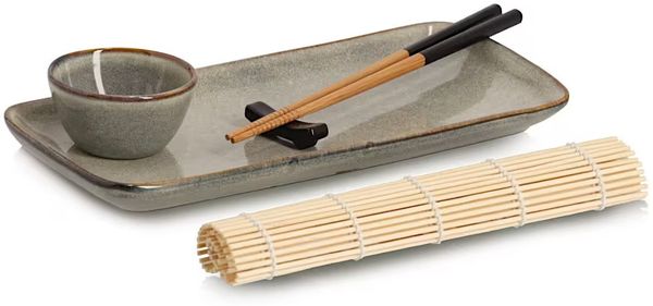 ZELLER 26514 Sushi-Set, 5-tlg, Steingut/Bambus, ca. 28 x 14 x 2,5 cm, Ø 7x4 cm