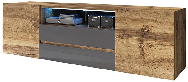 Selsey BROS - TV-Schrank/modernes TV-Lowboard, stehend, 137 cm breit (Wotan Eiche / Grau Hochglanz mit LED)