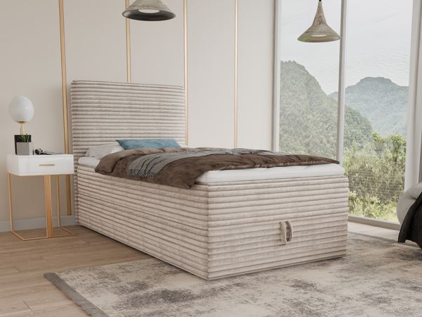 Boxspringbett Mollo Mini mit Bettkasten und Matratzentopper - Einzelbett mit Bonell-Matratze und Topper, Polsterbett in weichem Cordstoff, Bett, Schlafzimmer (Beige (Tilia 03), 80 x 200 cm)