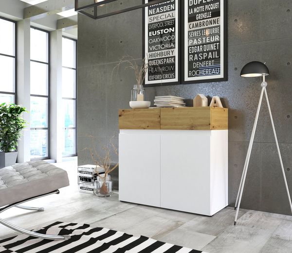 Kommode Rimini Sideboard 90x40x86cm weiß artisan eiche grifflos 2-türig