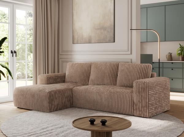 Ecksofa mit Schlaffunktion, Bettkasten und losen Kissen für das Wohnzimmer - TRENTINO - Braun Cord - links