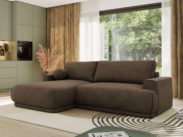 RINA L Design Ecksofa, Schlaffunktion & Stauraum, DL-System, Wellenfedern, Liegefläche 220x155 cm, freistehendes Polstersofa, Schlafcouch - Braun Velvet - Links Seite