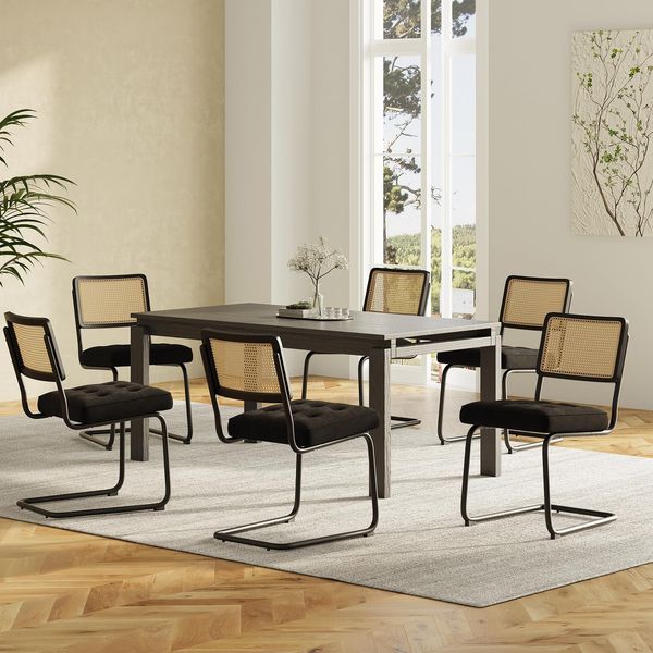 COLAMY Rattan Esstischstühle 6er Set, Samtbezug mit Metallgestell, Schwarz